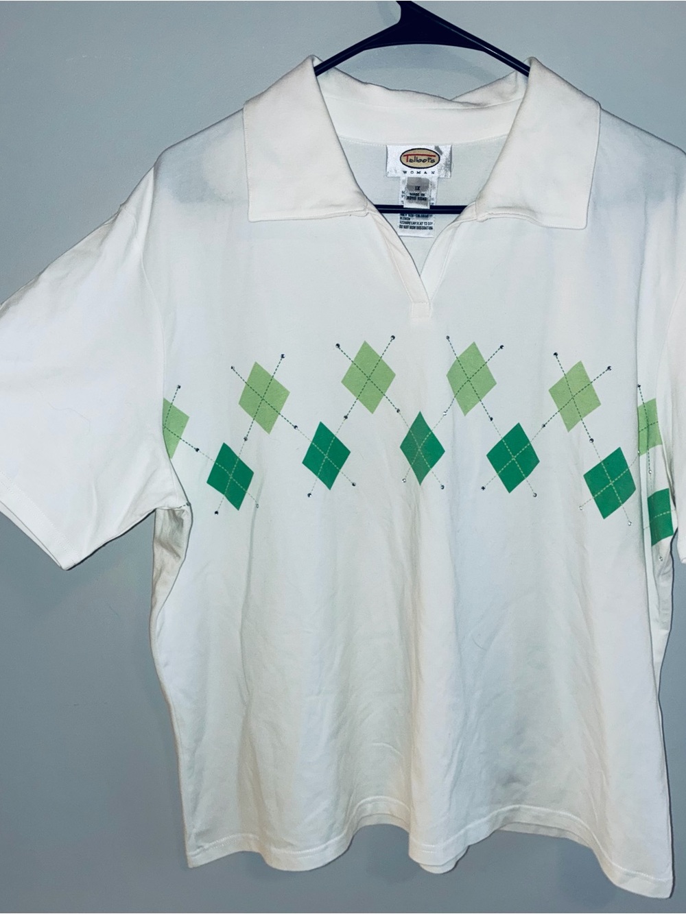 Women’s White Polo Shirt with Green Argyle Pattern 1X
